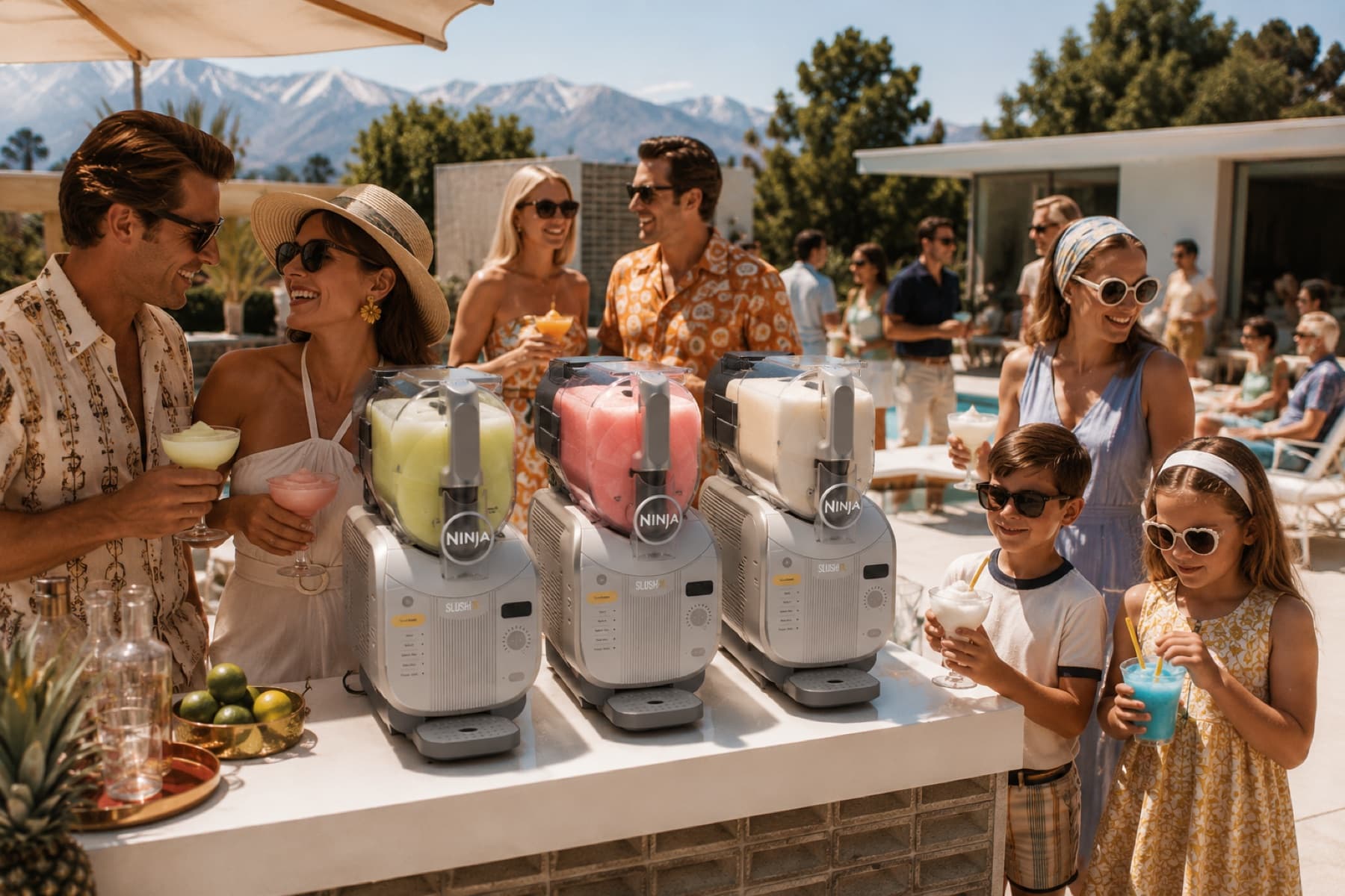 Three machines — a frozen margarita, a frosé, and a kid-friendly milkshake